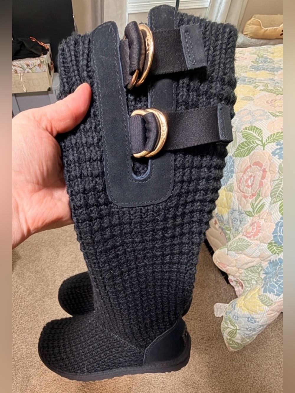 UGG Black Knit Tall Winter Boots with Gold Buckles